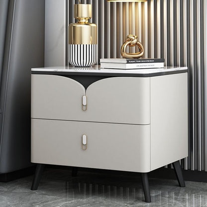 Contemporary Scandinavian Rectangular Slate Solid Wood Carbon Steel Nightstand 2-Drawer For Bedroom
