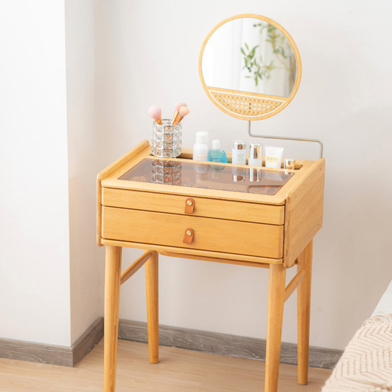 Traditional Chinese Rectangular Bamboo Glass Makeup Vanity 2-Drawer For Bedroom