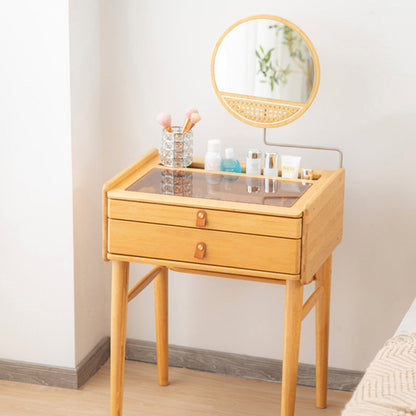 Traditional Chinese Rectangular Bamboo Glass Makeup Vanity 2-Drawer For Bedroom