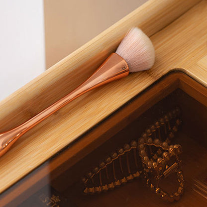 Traditional Chinese Rectangular Bamboo Glass Makeup Vanity 2-Drawer For Bedroom