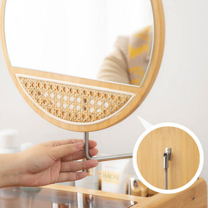 Traditional Chinese Rectangular Bamboo Glass Makeup Vanity 2-Drawer For Bedroom