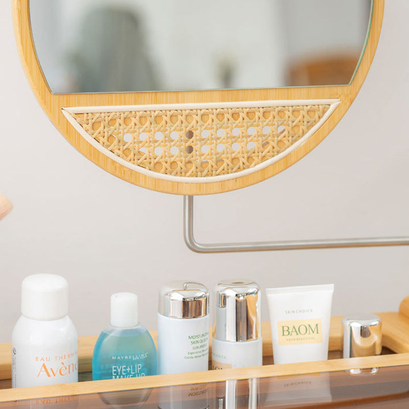 Traditional Chinese Rectangular Bamboo Glass Makeup Vanity 2-Drawer For Bedroom