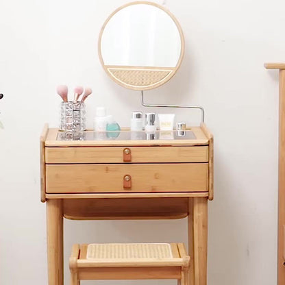 Traditional Chinese Rectangular Bamboo Glass Makeup Vanity 2-Drawer For Bedroom