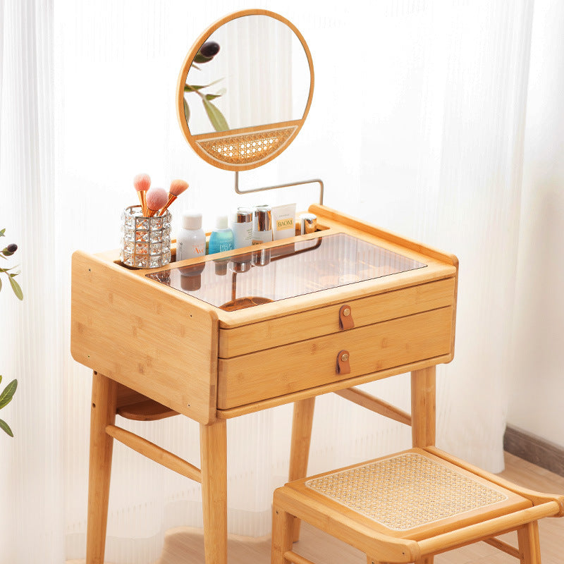 Traditional Chinese Rectangular Bamboo Glass Makeup Vanity 2-Drawer For Bedroom