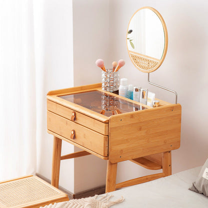 Traditional Chinese Rectangular Bamboo Glass Makeup Vanity 2-Drawer For Bedroom