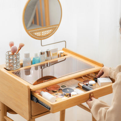 Traditional Chinese Rectangular Bamboo Glass Makeup Vanity 2-Drawer For Bedroom