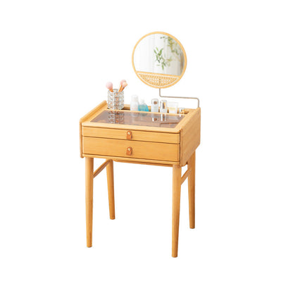 Traditional Chinese Rectangular Bamboo Glass Makeup Vanity 2-Drawer For Bedroom
