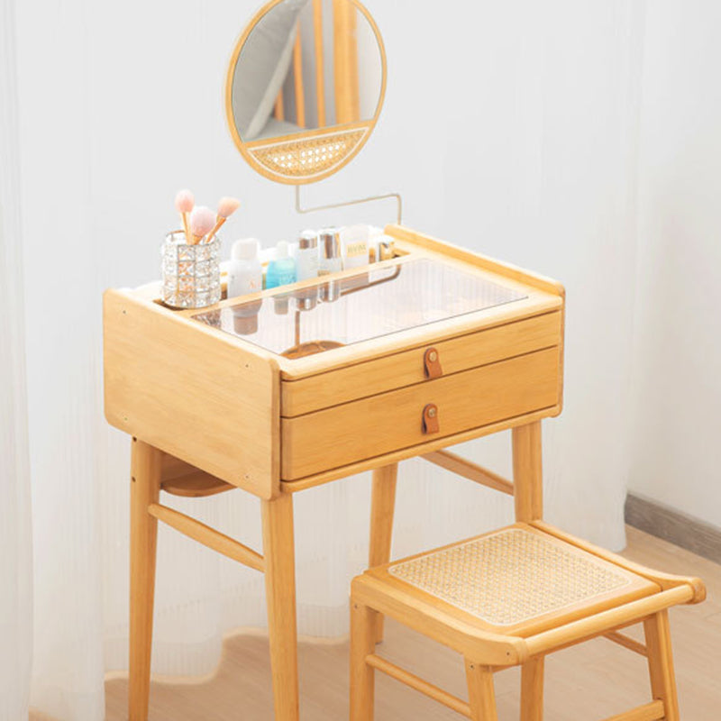Traditional Chinese Rectangular Bamboo Glass Makeup Vanity 2-Drawer For Bedroom