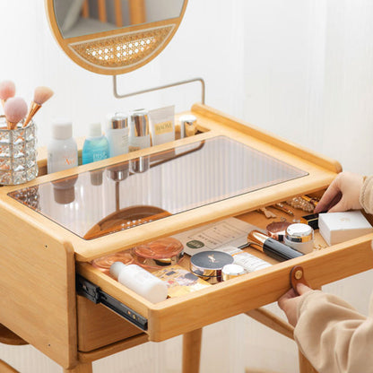 Traditional Chinese Rectangular Bamboo Glass Makeup Vanity 2-Drawer For Bedroom