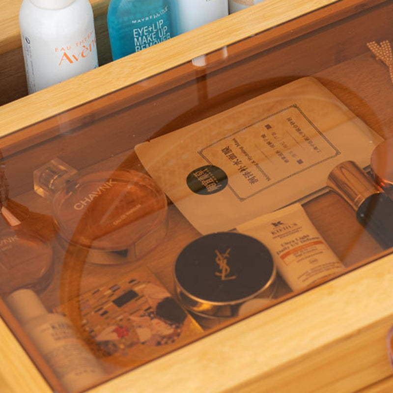 Traditional Chinese Rectangular Bamboo Glass Makeup Vanity 2-Drawer For Bedroom