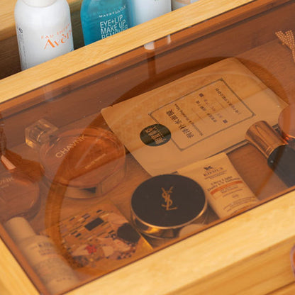 Traditional Chinese Rectangular Bamboo Glass Makeup Vanity 2-Drawer For Bedroom