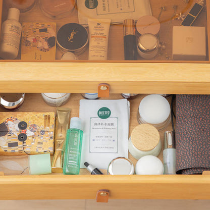 Traditional Chinese Rectangular Bamboo Glass Makeup Vanity 2-Drawer For Bedroom