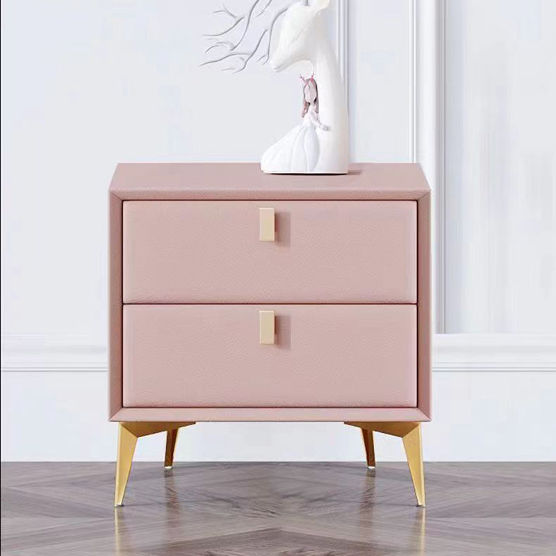 Contemporary Scandinavian Rectangular Solid Wood Microfiber Leather Metal Hardware Nightstand 2-Drawer For Bedroom
