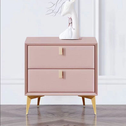 Contemporary Scandinavian Rectangular Solid Wood Microfiber Leather Metal Hardware Nightstand 2-Drawer For Bedroom