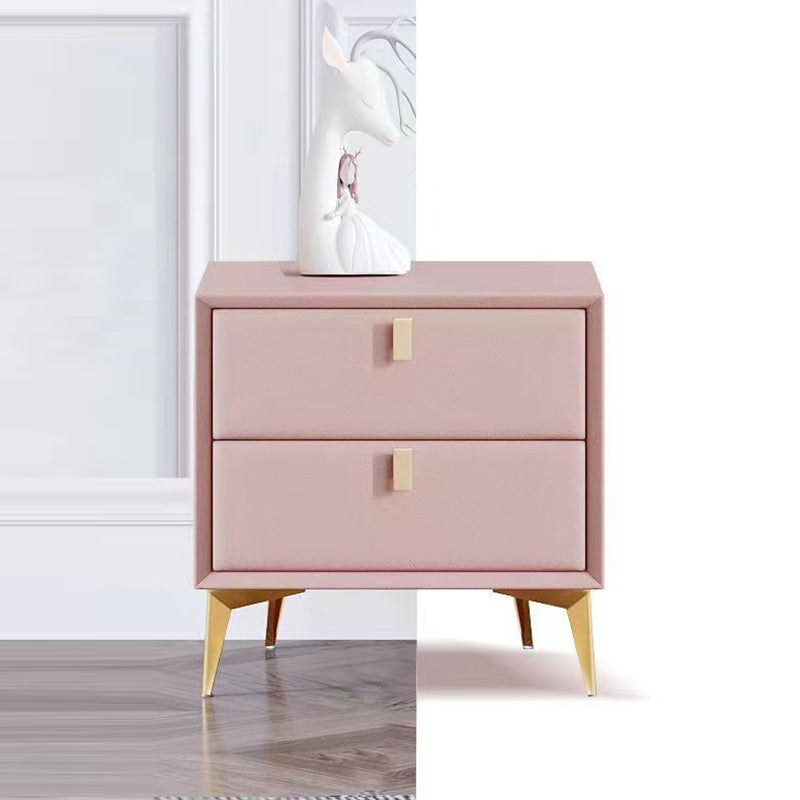 Contemporary Scandinavian Rectangular Solid Wood Microfiber Leather Metal Hardware Nightstand 2-Drawer For Bedroom
