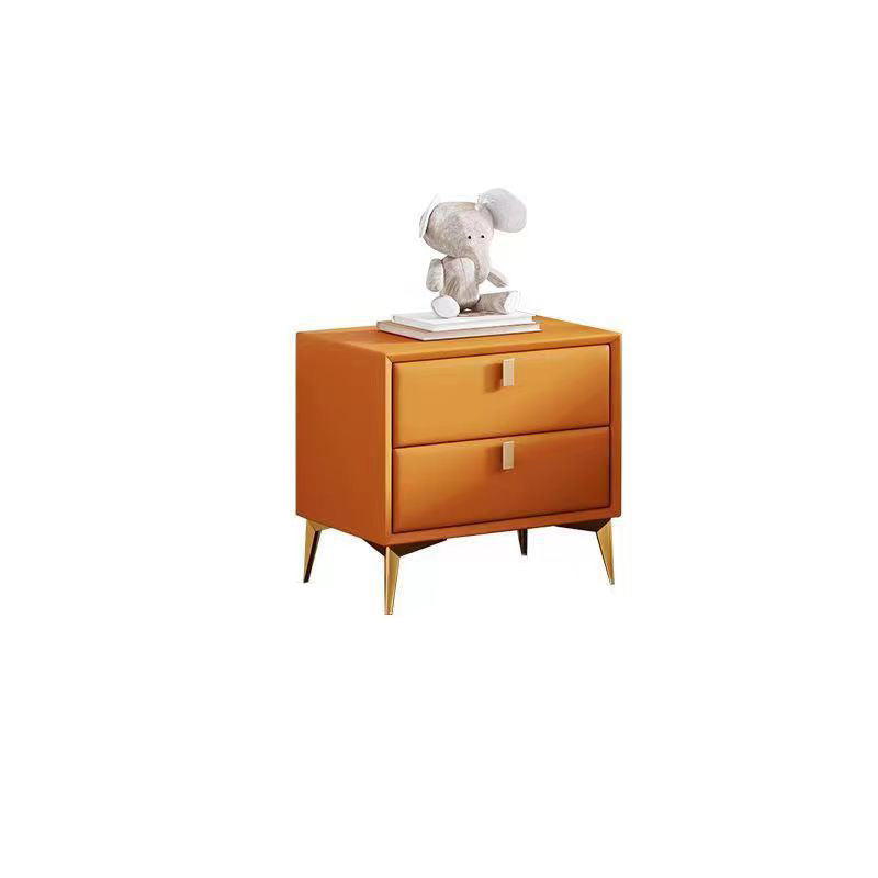 Contemporary Scandinavian Rectangular Solid Wood Microfiber Leather Metal Hardware Nightstand 2-Drawer For Bedroom
