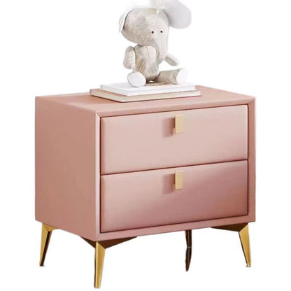 Contemporary Scandinavian Rectangular Solid Wood Microfiber Leather Metal Hardware Nightstand 2-Drawer For Bedroom