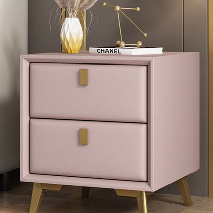 Contemporary Scandinavian Rectangular Solid Wood Microfiber Leather Metal Hardware Nightstand 2-Drawer For Bedroom