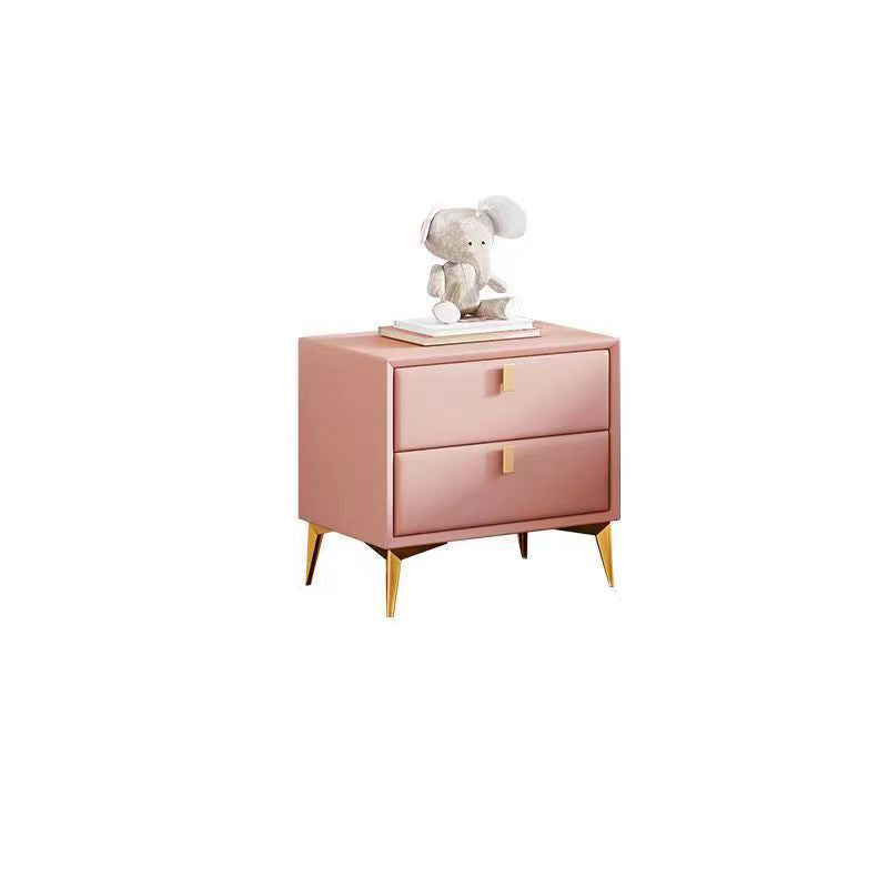 Contemporary Scandinavian Rectangular Solid Wood Microfiber Leather Metal Hardware Nightstand 2-Drawer For Bedroom