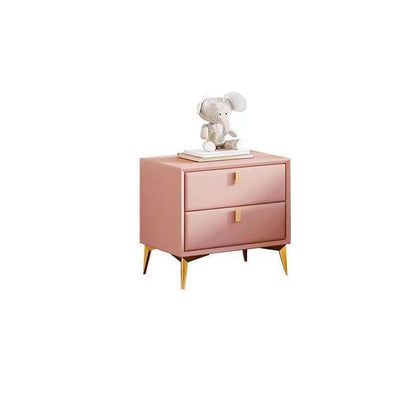 Contemporary Scandinavian Rectangular Solid Wood Microfiber Leather Metal Hardware Nightstand 2-Drawer For Bedroom