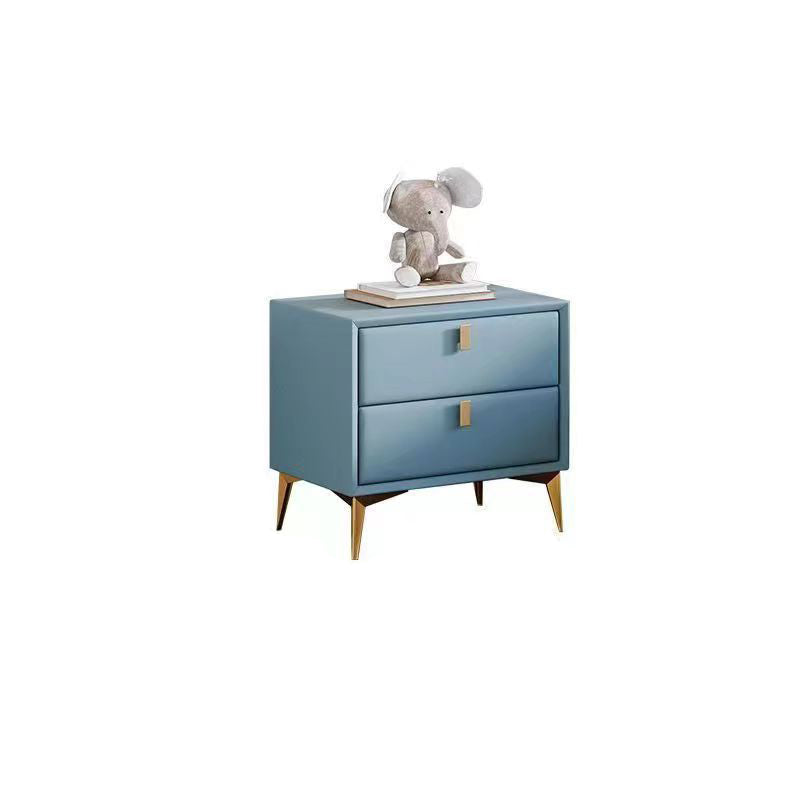 Contemporary Scandinavian Rectangular Solid Wood Microfiber Leather Metal Hardware Nightstand 2-Drawer For Bedroom