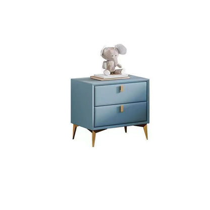 Contemporary Scandinavian Rectangular Solid Wood Microfiber Leather Metal Hardware Nightstand 2-Drawer For Bedroom