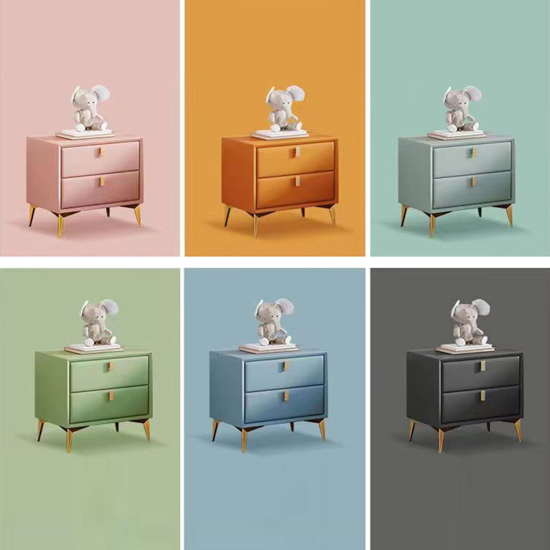 Contemporary Scandinavian Rectangular Solid Wood Microfiber Leather Metal Hardware Nightstand 2-Drawer For Bedroom
