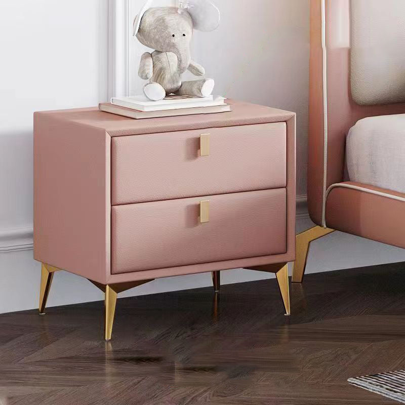 Contemporary Scandinavian Rectangular Solid Wood Microfiber Leather Metal Hardware Nightstand 2-Drawer For Bedroom