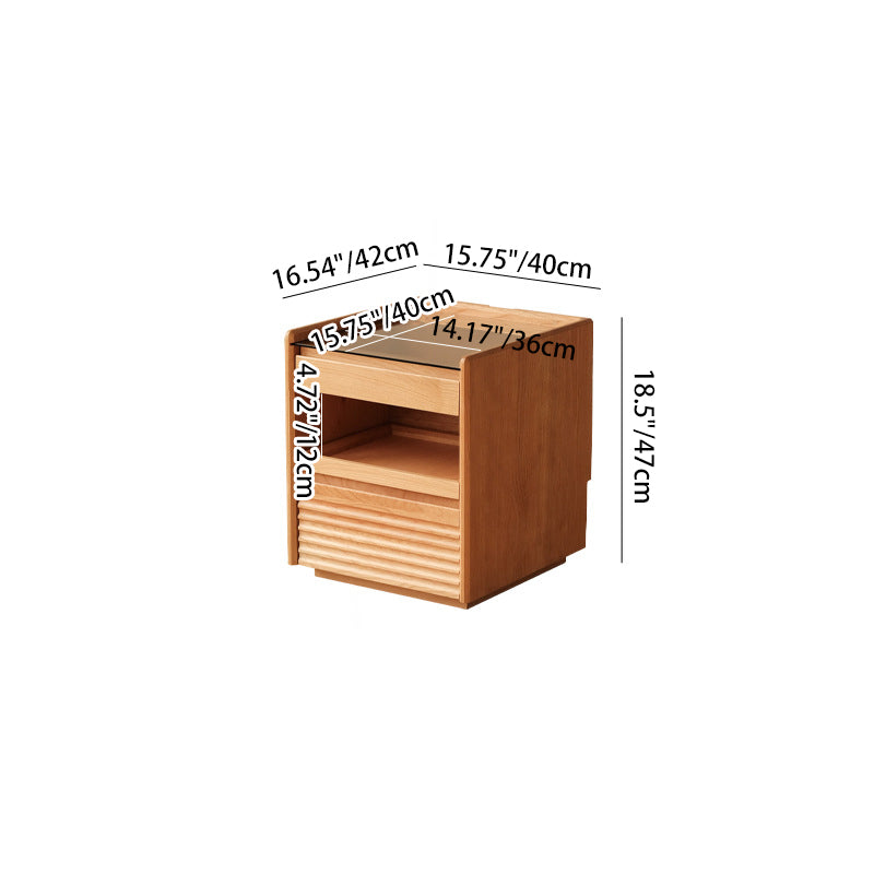 Traditional Japanese Square Solid Wood Glass Nightstand 1-Drawer For Bedroom