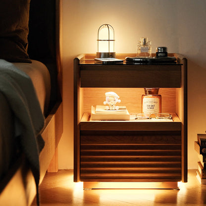 Traditional Japanese Square Solid Wood Glass Nightstand 1-Drawer For Bedroom