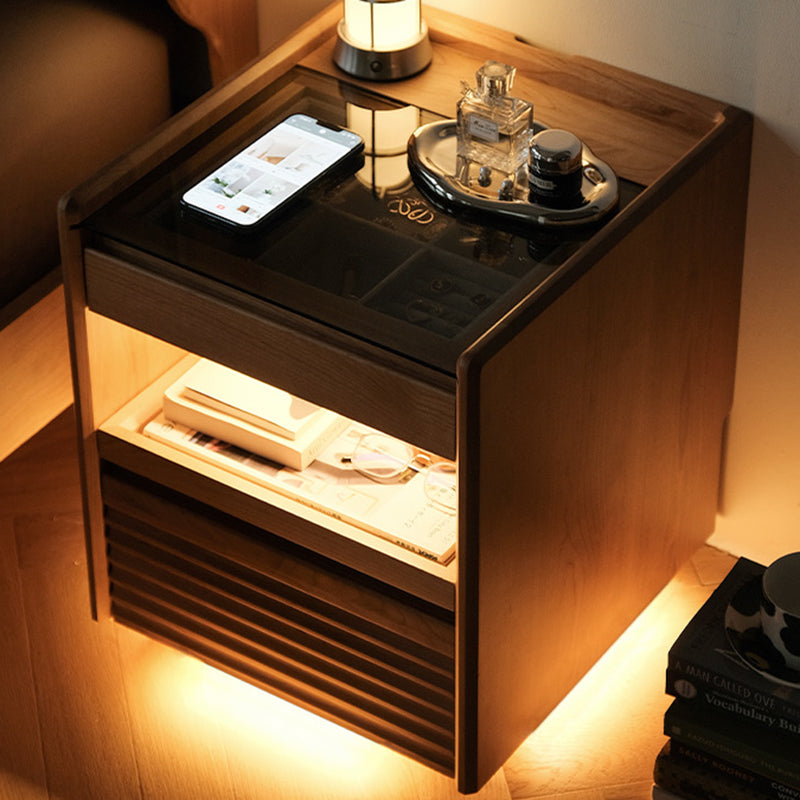 Traditional Japanese Square Solid Wood Glass Nightstand 1-Drawer For Bedroom