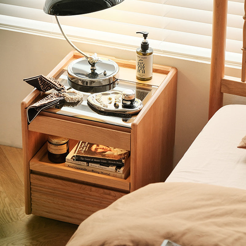 Traditional Japanese Square Solid Wood Glass Nightstand 1-Drawer For Bedroom