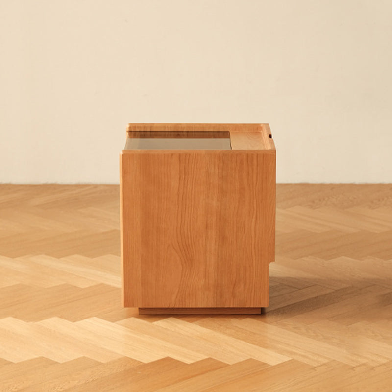 Traditional Japanese Square Solid Wood Glass Nightstand 1-Drawer For Bedroom