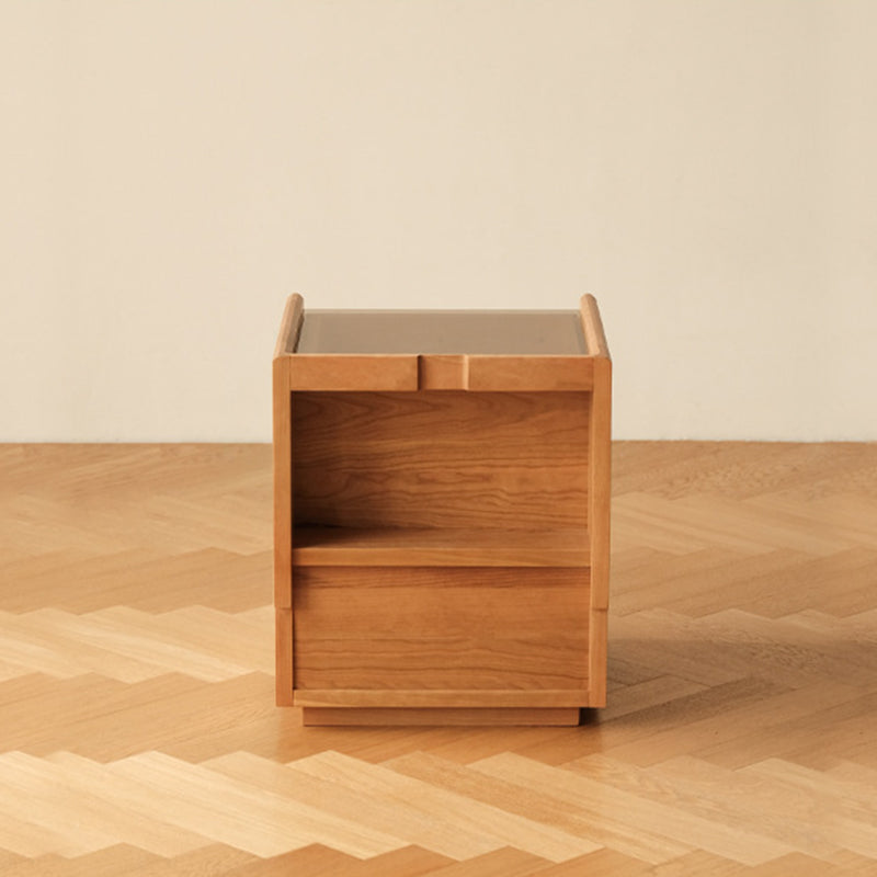 Traditional Japanese Square Solid Wood Glass Nightstand 1-Drawer For Bedroom