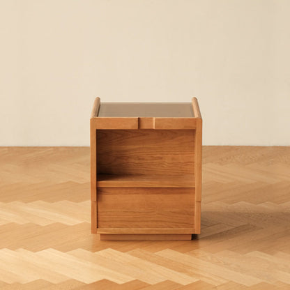 Traditional Japanese Square Solid Wood Glass Nightstand 1-Drawer For Bedroom
