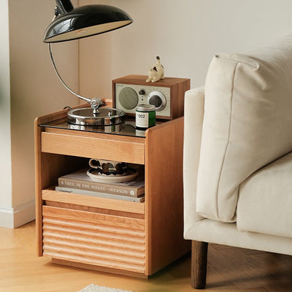 Traditional Japanese Square Solid Wood Glass Nightstand 1-Drawer For Bedroom