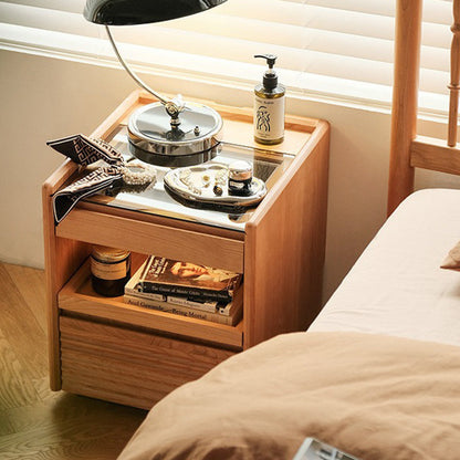 Traditional Japanese Square Solid Wood Glass Nightstand 1-Drawer For Bedroom