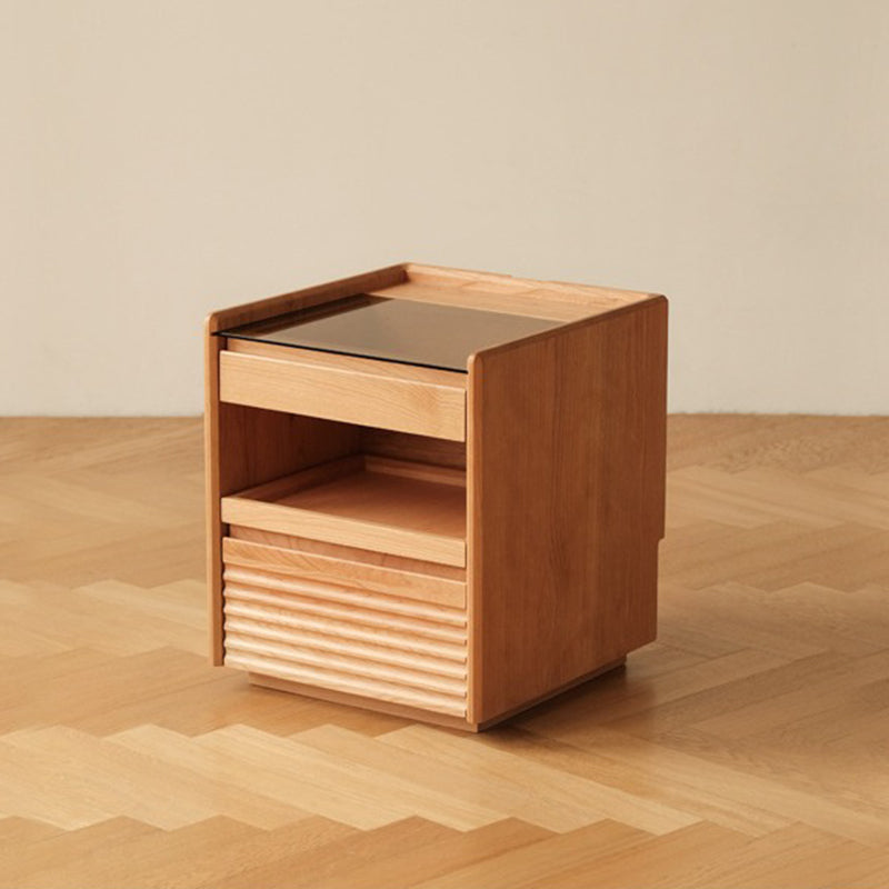 Traditional Japanese Square Solid Wood Glass Nightstand 1-Drawer For Bedroom