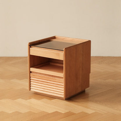Traditional Japanese Square Solid Wood Glass Nightstand 1-Drawer For Bedroom