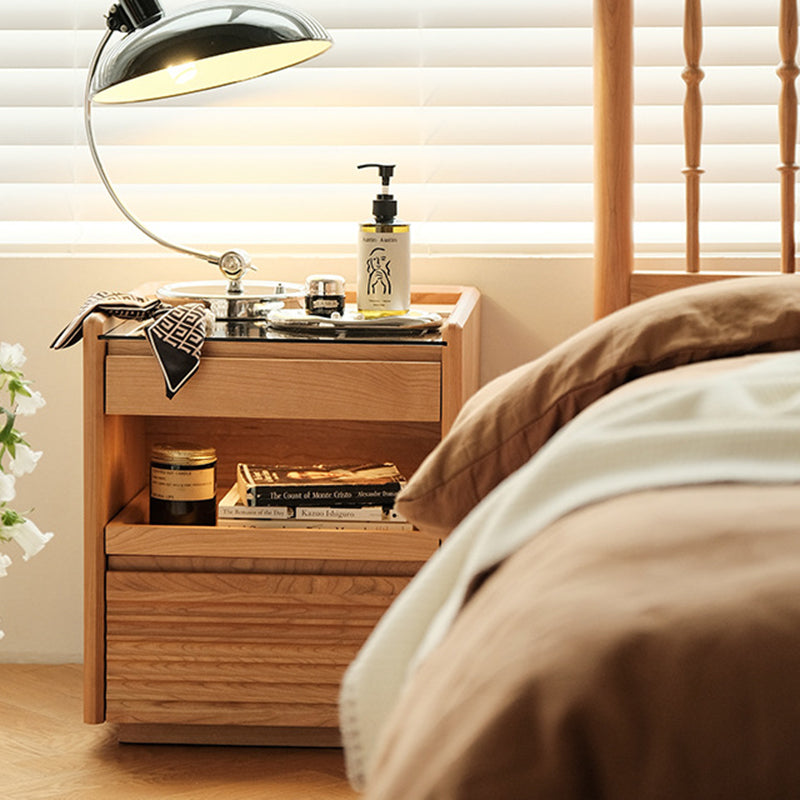 Traditional Japanese Square Solid Wood Glass Nightstand 1-Drawer For Bedroom