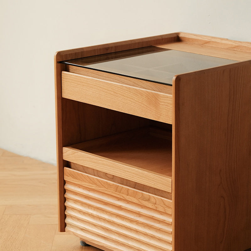 Traditional Japanese Square Solid Wood Glass Nightstand 1-Drawer For Bedroom