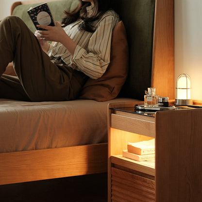 Traditional Japanese Square Solid Wood Glass Nightstand 1-Drawer For Bedroom