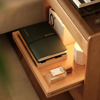 Traditional Japanese Square Solid Wood Glass Nightstand 1-Drawer For Bedroom