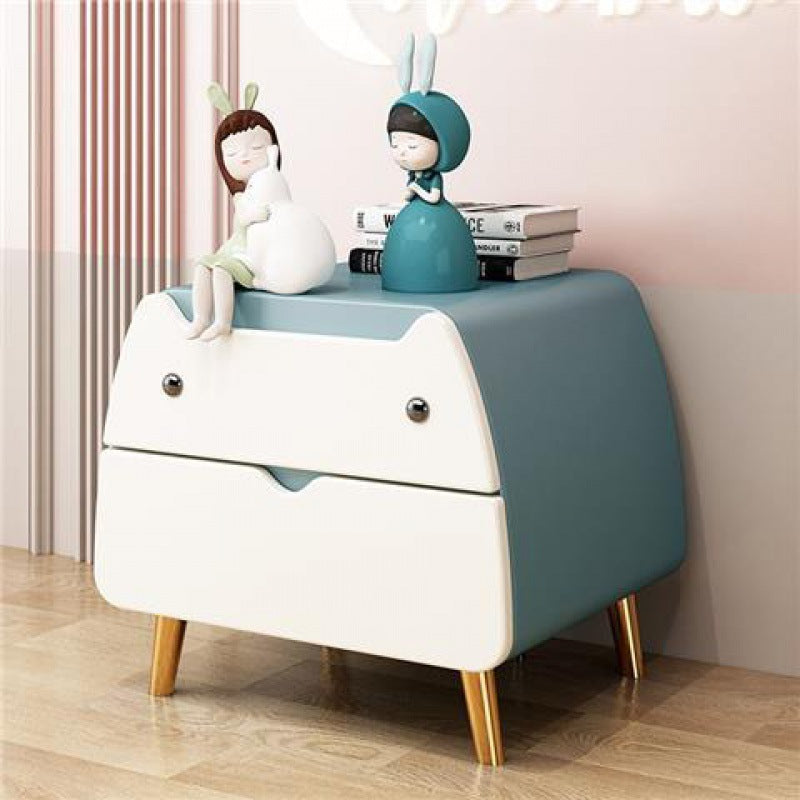 Contemporary Creative Kids Cartoon Cat Solid Wood Carbon Steel Microfiber Leather Nightstand 2-Drawer For Bedroom