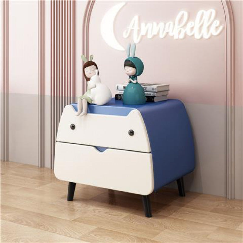Contemporary Creative Kids Cartoon Cat Solid Wood Carbon Steel Microfiber Leather Nightstand 2-Drawer For Bedroom