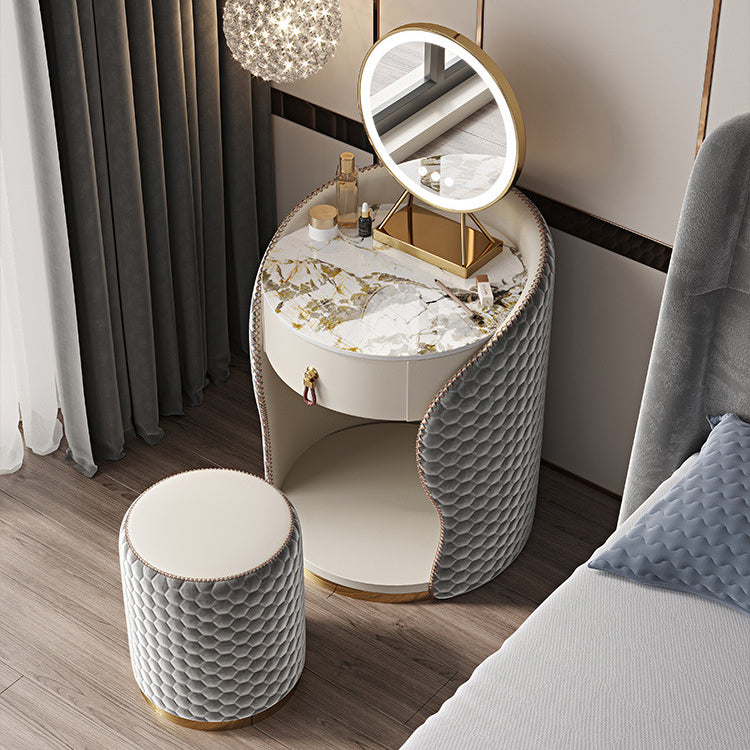 Modern Luxury Round Leather Solid Wood Stainless Steel Makeup Vanity 1-Drawer For Bedroom