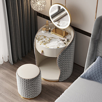 Modern Luxury Round Leather Solid Wood Stainless Steel Makeup Vanity 1-Drawer For Bedroom