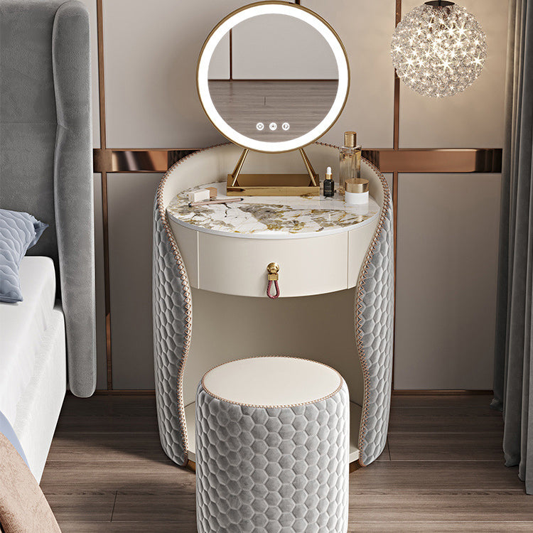 Modern Luxury Round Leather Solid Wood Stainless Steel Makeup Vanity 1-Drawer For Bedroom