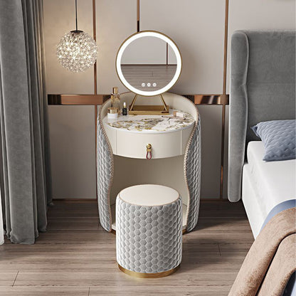 Modern Luxury Round Leather Solid Wood Stainless Steel Makeup Vanity 1-Drawer For Bedroom