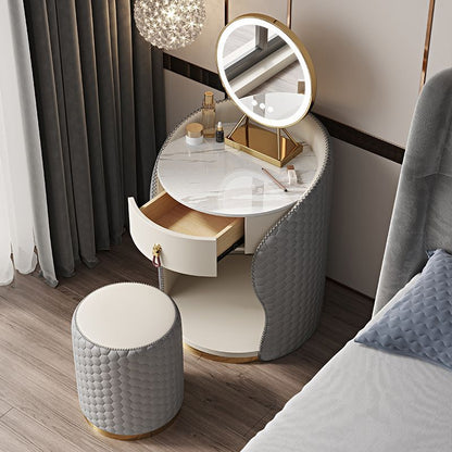 Modern Luxury Round Leather Solid Wood Stainless Steel Makeup Vanity 1-Drawer For Bedroom